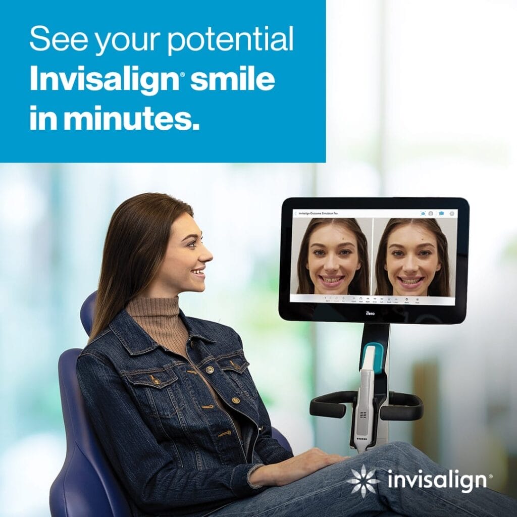 A woman sits in a dental chair, smiling at a screen showing before-and-after images of her teeth, with text reading, "See your potential Invisalign smile in minutes" and the Invisalign logo at the bottom.