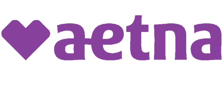 The image shows the Aetna logo with the company name written in lowercase purple letters, with a heart shape representing the letter "a" at the beginning.
