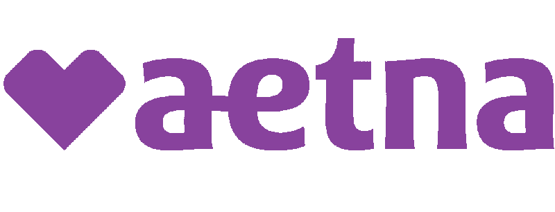 The image shows the Aetna logo with the company name written in lowercase purple letters, with a heart shape representing the letter "a" at the beginning.