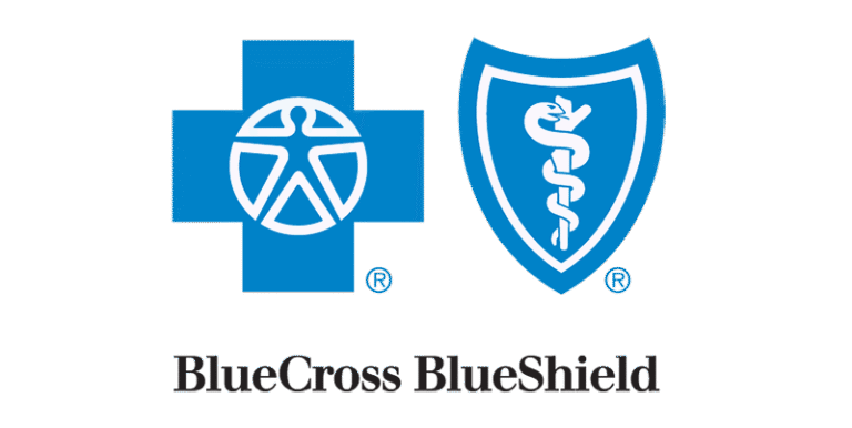 BlueCross BlueShield logo featuring a blue cross with a human figure inside, and a blue shield with a white snake-wrapped staff, with the text “BlueCross BlueShield” below.
