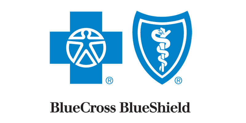 BlueCross BlueShield logo featuring a blue cross with a human figure inside, and a blue shield with a white snake-wrapped staff, with the text “BlueCross BlueShield” below.