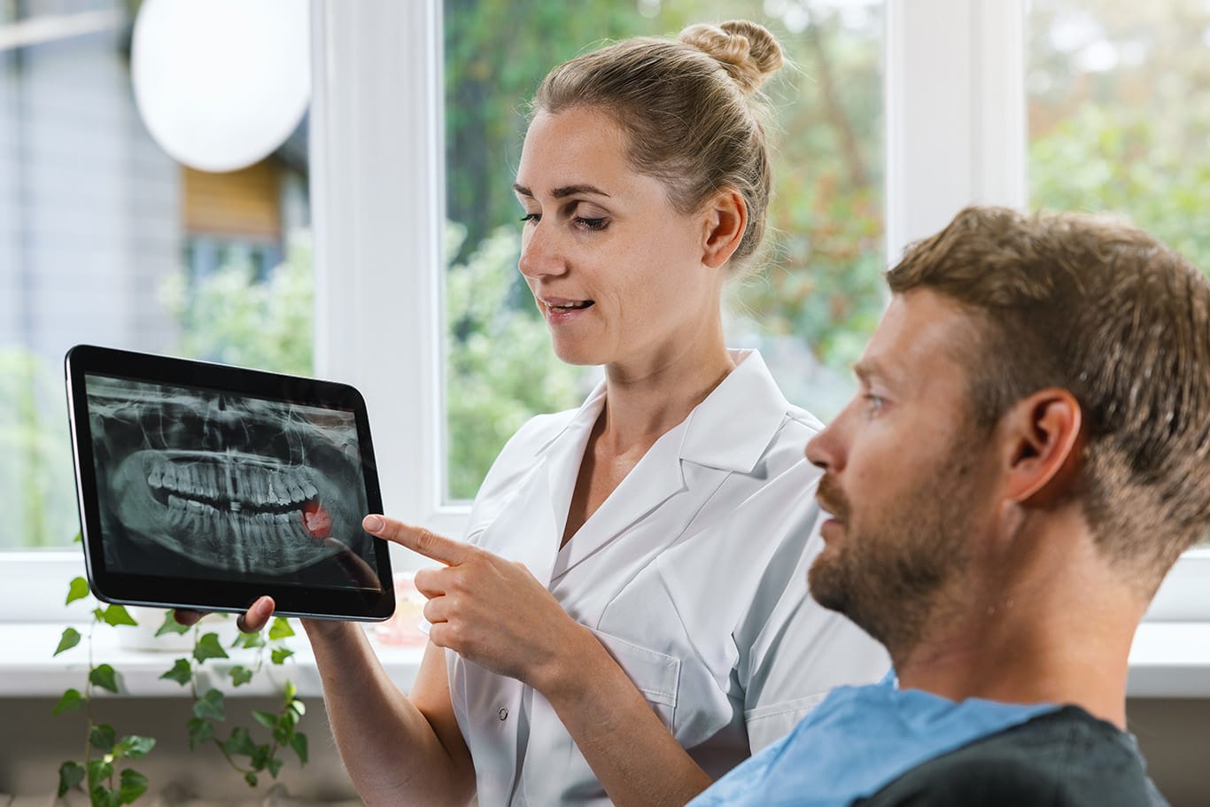 A dental professional discusses dental diagnostic services with a patient, showing an oral X-ray on a tablet and pointing to a highlighted area, while both are seated in a well-lit room with large windows.