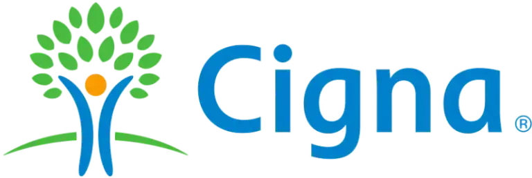 Cigna logo featuring a stylized person with outstretched arms forming the trunk of a green tree, next to the word "Cigna" in blue letters.