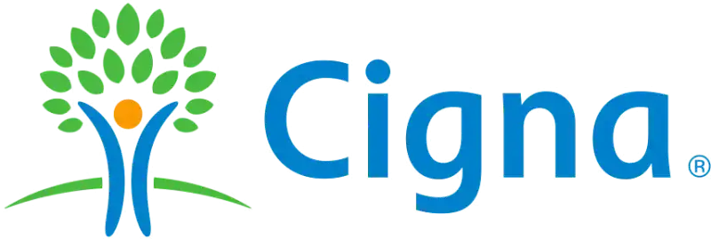 Cigna logo featuring a stylized person with outstretched arms forming the trunk of a green tree, next to the word "Cigna" in blue letters.