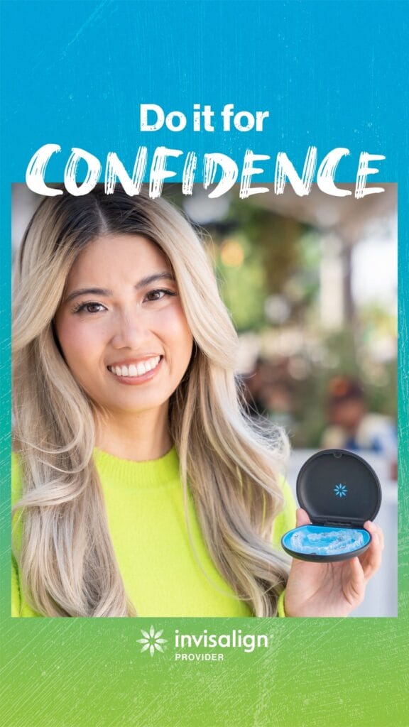 A smiling woman with long, light hair holds an Invisalign case. Text above her says, "Do it for CONFIDENCE." The Invisalign logo and "Provider" appear at the bottom on a blue and green background.