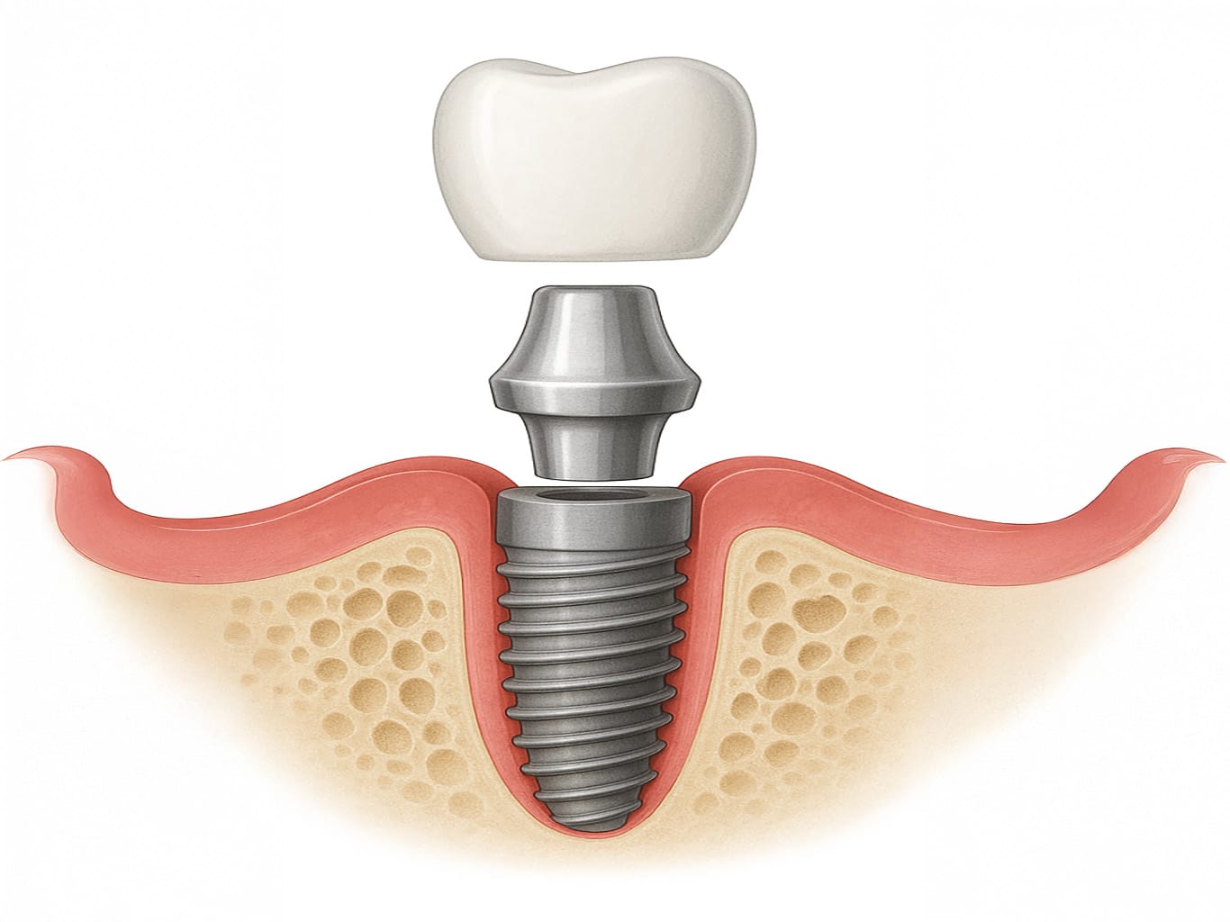 Implant Dentistry illustration showing implant post, abutment, and crown