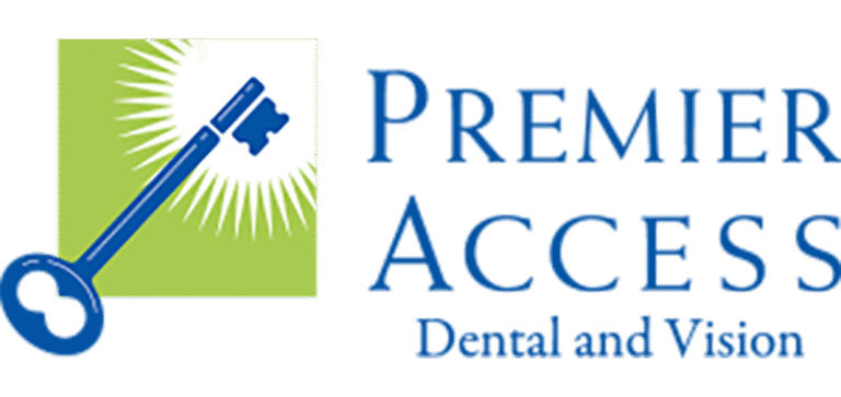 A blue key with radiating white lines on a green square background, next to the text "Premier Access Dental and Vision" in blue font.