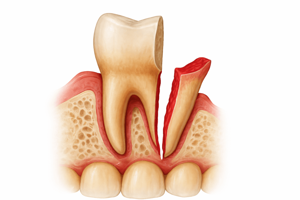 An illustration of a tooth and gum, showing a vertical section cut through the gum and jawbone, exposing the inner structure of the tooth and surrounding tissue—ideal for explaining apical curettage in endodontics.