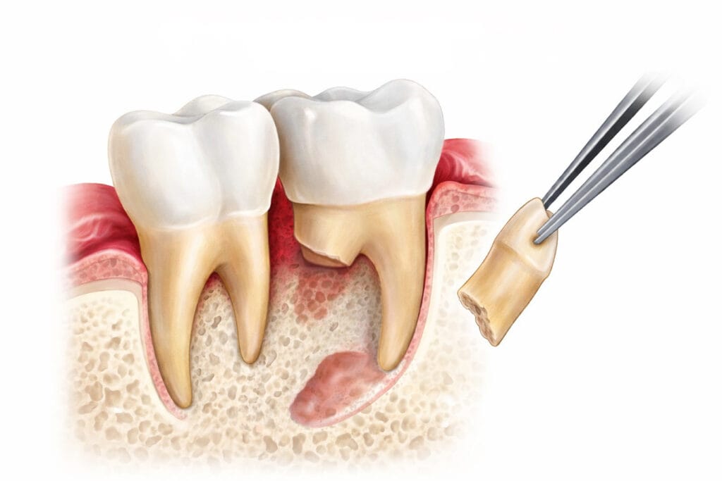 Illustration of a wisdom tooth extraction, showing a lower wisdom tooth being removed with forceps—highlighting the empty socket, exposed gum and bone next to adjacent teeth—often managed in endodontics or considered alongside root canal therapy.