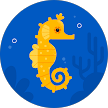 Illustration of a bright yellow seahorse with a curled tail, facing right, on a blue circular background adorned with subtle seaweed and bubbles—perfect for highlighting patients’ stories or testimonial features.