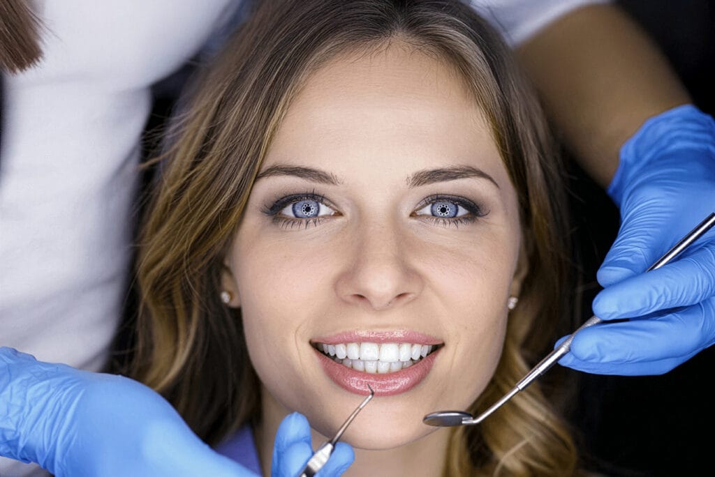 A woman with light hair smiles while sitting in a dental chair. Two gloved hands hold dental instruments near her mouth, suggesting she is at a dental check-up or exam.