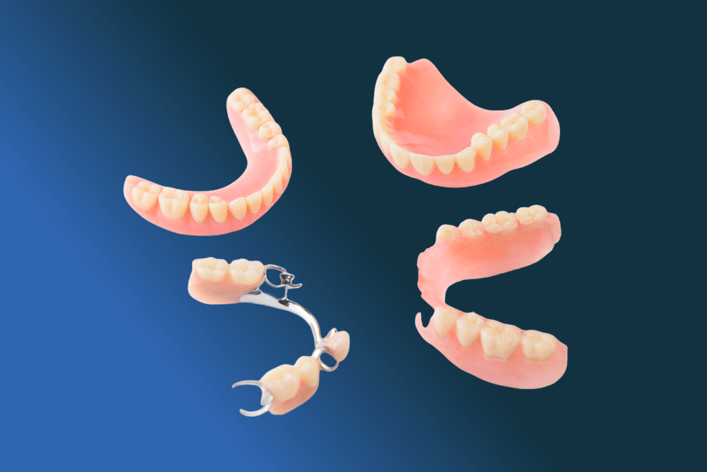 Four types of dental dentures, including full and partial sets with pink gums and artificial teeth, are displayed against a blue gradient background.