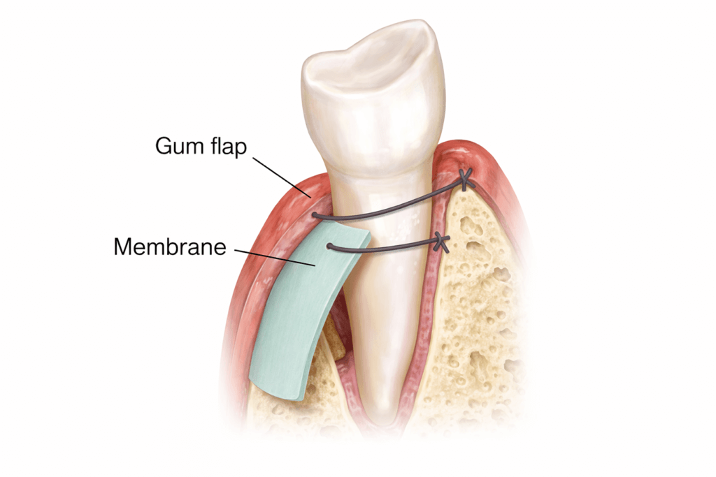 Medical illustration showing a tooth with labeled parts: a gum flap is lifted and a membrane is placed beneath it, both secured with stitches, revealing the underlying bone structure.