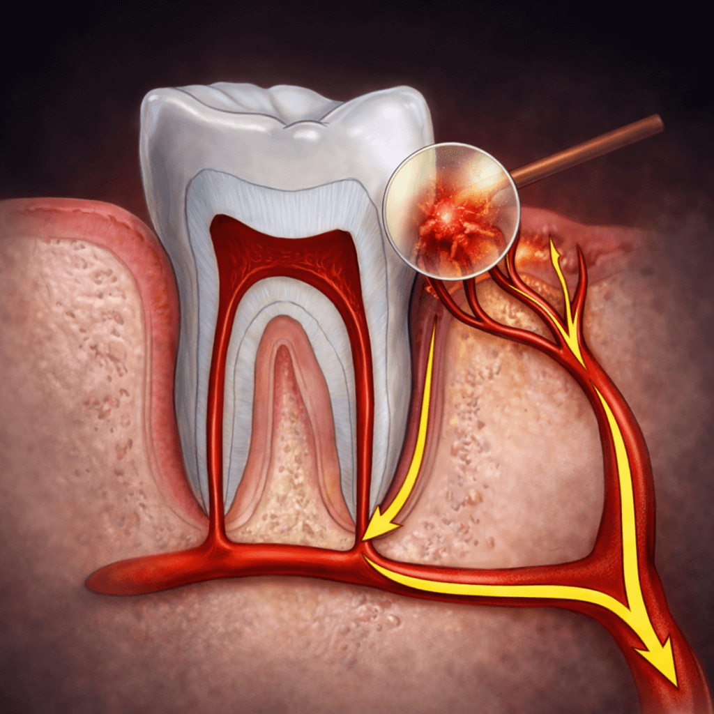 A diagram of a tooth showing nerves and blood vessels extending from the root into the gum, with arrows indicating pathways for signals or blood flow, and a magnifying glass highlighting nerves—useful for understanding gum inflammation or gingivitis treatment.