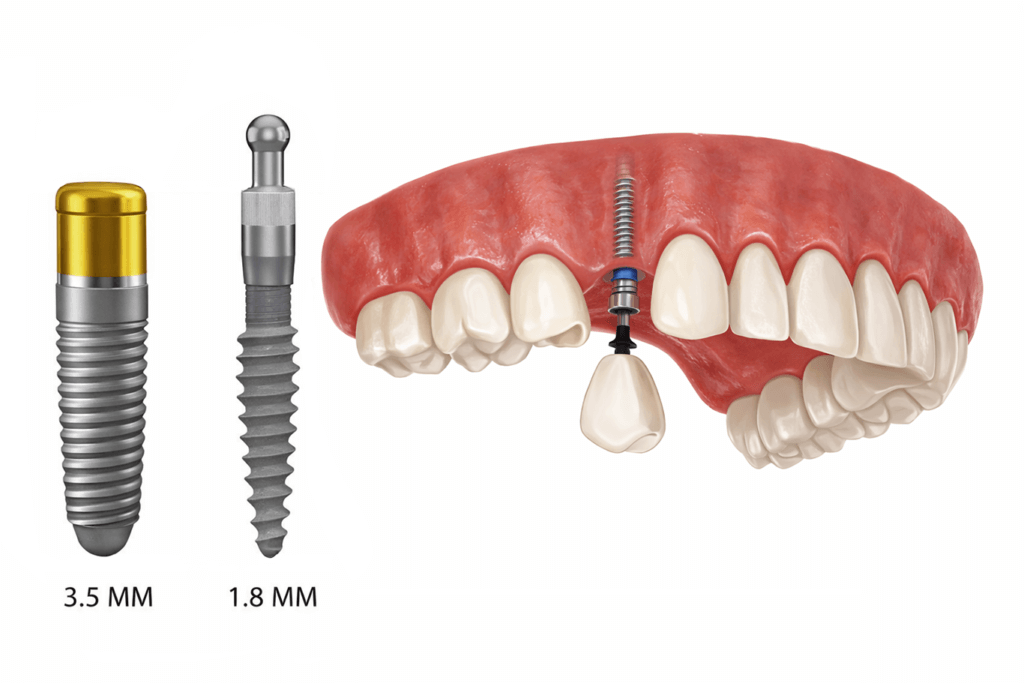 Two dental implants of different sizes (3.5 mm and 1.8 mm) shown on the left, and on the right, a cross-section of upper gums with teeth illustrating implant placement and a single replacement tooth.