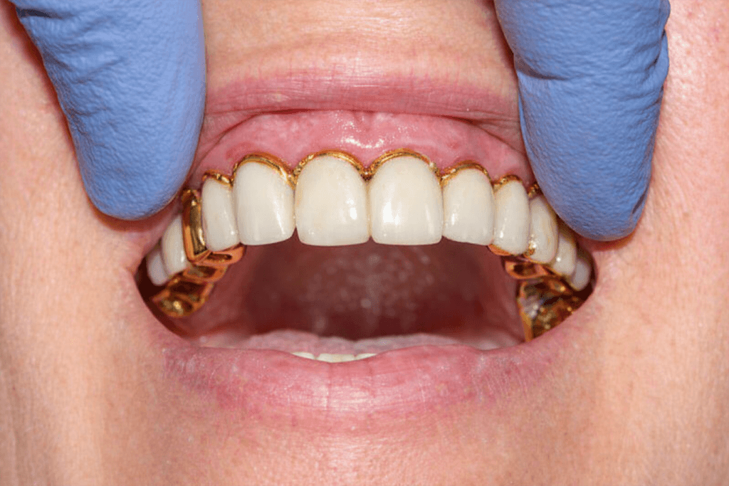 A close-up of a person's mouth with gloved hands pulling back the upper lip, showing gold dental crowns or grills on their upper and lower teeth.