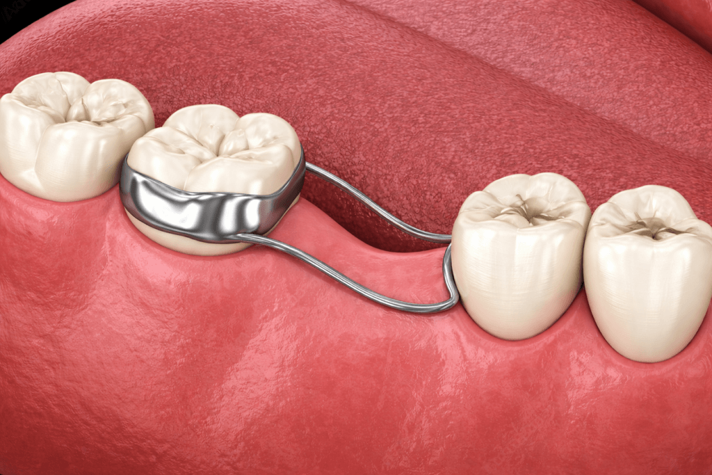 Illustration of a dental space maintainer attached to a molar, with a metal band and wire holding space for a missing tooth in the gum line, surrounded by natural teeth.